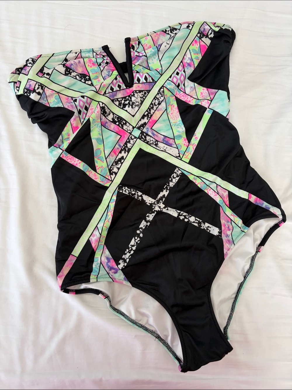 Vintage Victoria’s Secret Strapless Black One-Piece Swimsuit Geometric Print